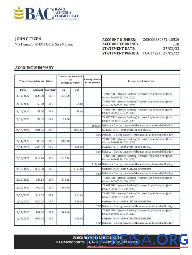 Blank San Marino Banca Agricole Commerciale bank statement excel real example